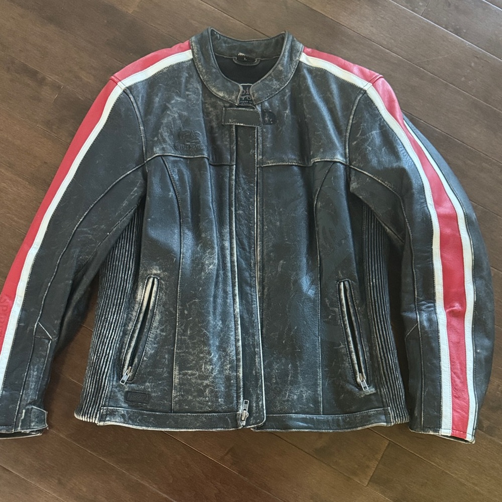 Men's Black Leather Jacket with Red & White Racing Stripes